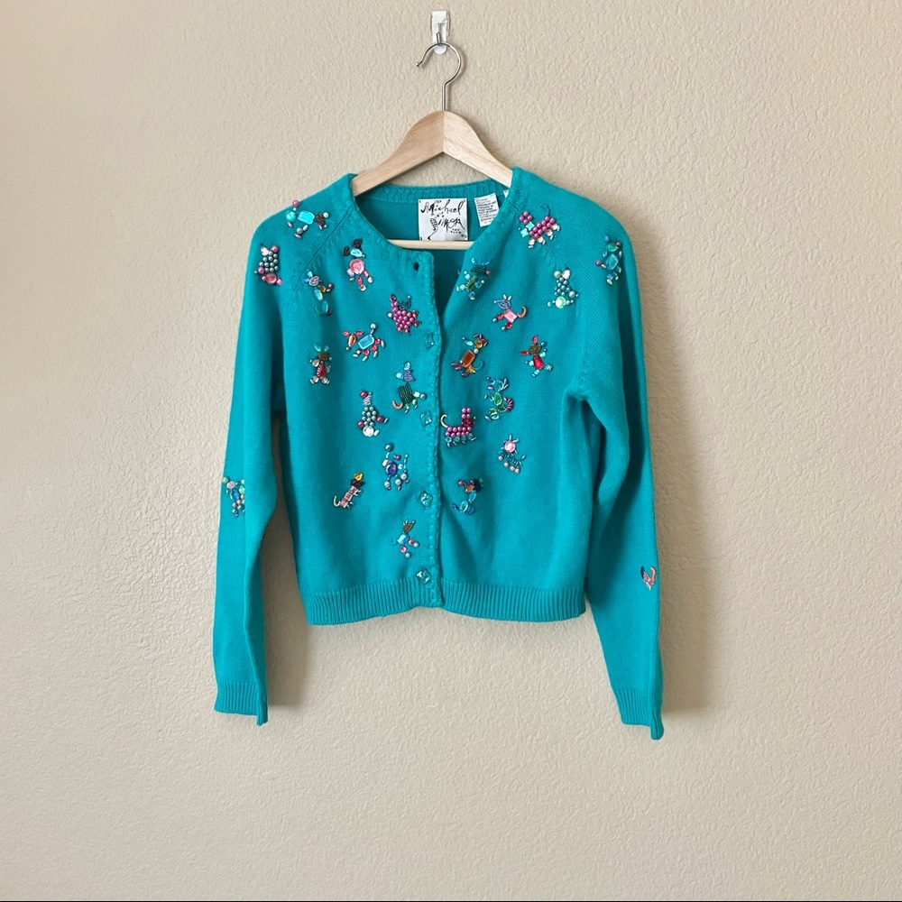 Michael Simon Teal Cardigan with Colorful Embellishments